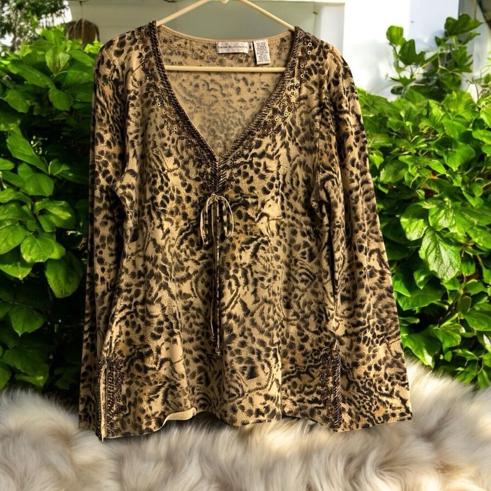 Dana Buchman Leopard‎ Animal Print Merino Wool Sequins Trendy Sweater XL